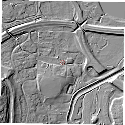 Shaded relief map of the ground around MK150AJ, computed from Environment Agency LiDAR. The ground here sits at about 62 m above sea level and falls 21 m across the surrounding 800 m. Surface water reaching this point runs off ground lying to the west-south-west, 13.0 m higher.