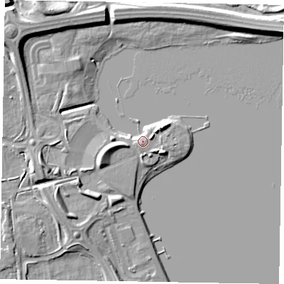 Shaded relief map of the ground around MK150DS, computed from Environment Agency LiDAR. The ground here sits at about 61 m above sea level and falls 9 m across the surrounding 800 m. Surface water reaching this point runs off ground lying to the west-south-west, 3.1 m higher.
