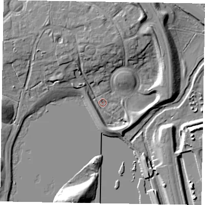 Shaded relief map of the ground around MK159AD, computed from Environment Agency LiDAR. The ground here sits at about 59 m above sea level and falls 12 m across the surrounding 800 m. Surface water reaching this point runs off ground lying to the west-south-west, 3.2 m higher.