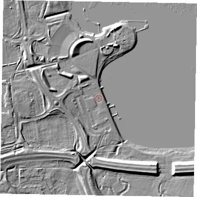 Shaded relief map of the ground around MK159HQ, computed from Environment Agency LiDAR. The ground here sits at about 60 m above sea level and falls 8 m across the surrounding 800 m. Surface water reaching this point runs off ground lying to the west-north-west, 4.5 m higher.