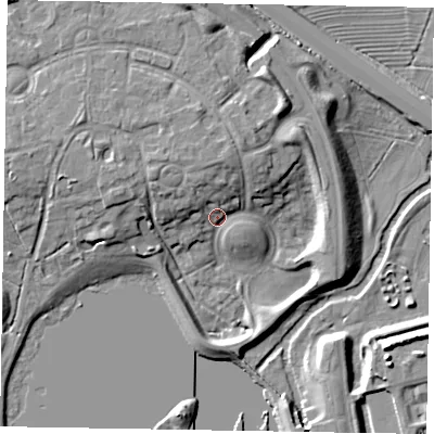 Shaded relief map of the ground around MK159LU, computed from Environment Agency LiDAR. The ground here sits at about 63 m above sea level and falls 12 m across the surrounding 800 m. Surface water reaching this point runs off ground lying to the north-north-west, 8.8 m higher.