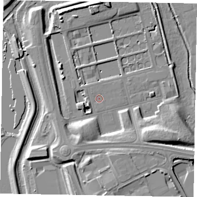 Shaded relief map of the ground around MK159PA, computed from Environment Agency LiDAR. The ground here sits at about 61 m above sea level and falls 14 m across the surrounding 800 m. Surface water reaching this point runs off ground lying to the south-south-west, 0.6 m higher.