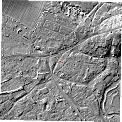 Shaded relief map of the ground around MK160AG, computed from Environment Agency LiDAR. The ground here sits at about 56 m above sea level and falls 9 m across the surrounding 800 m. Surface water reaching this point runs off ground lying to the east-north-east, 7.8 m higher.