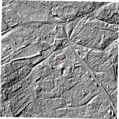 Shaded relief map of the ground around MK160AH, computed from Environment Agency LiDAR. The ground here sits at about 56 m above sea level and falls 10 m across the surrounding 800 m. Surface water reaching this point runs off ground lying to the south-west, 2.9 m higher.