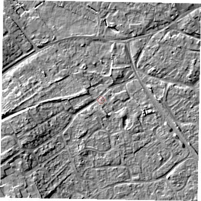 Shaded relief map of the ground around MK160AL, computed from Environment Agency LiDAR. The ground here sits at about 56 m above sea level and falls 11 m across the surrounding 800 m. Surface water reaching this point runs off ground lying to the south-west, 9.7 m higher.