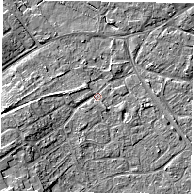 Shaded relief map of the ground around MK160AN, computed from Environment Agency LiDAR. The ground here sits at about 56 m above sea level and falls 11 m across the surrounding 800 m. Surface water reaching this point runs off ground lying to the south-west, 9.9 m higher.