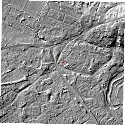 Shaded relief map of the ground around MK160AQ, computed from Environment Agency LiDAR. The ground here sits at about 56 m above sea level and falls 8 m across the surrounding 800 m. Surface water reaching this point runs off ground lying to the east-north-east, 7.3 m higher.