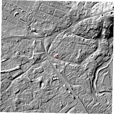 Shaded relief map of the ground around MK160BU, computed from Environment Agency LiDAR. The ground here sits at about 56 m above sea level and falls 9 m across the surrounding 800 m. Surface water reaching this point runs off ground lying to the north-east, 8.0 m higher.
