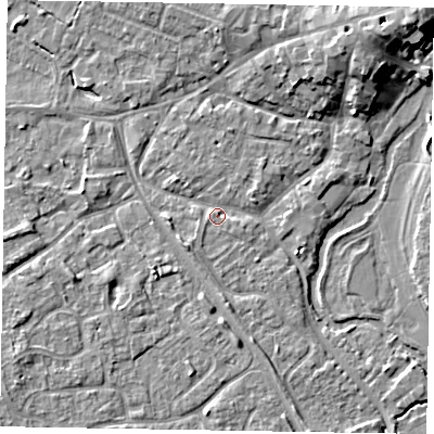 Shaded relief map of the ground around MK160BX, computed from Environment Agency LiDAR. The ground here sits at about 56 m above sea level and falls 10 m across the surrounding 800 m. Surface water reaching this point runs off ground lying to the north-east, 8.0 m higher.