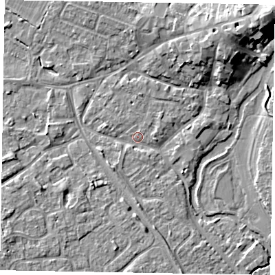 Shaded relief map of the ground around MK160BY, computed from Environment Agency LiDAR. The ground here sits at about 56 m above sea level and falls 10 m across the surrounding 800 m. Surface water reaching this point runs off ground lying to the north-east, 8.0 m higher.