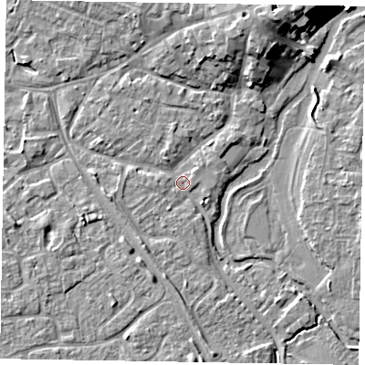 Shaded relief map of the ground around MK160BZ, computed from Environment Agency LiDAR. The ground here sits at about 55 m above sea level and falls 10 m across the surrounding 800 m. Surface water reaching this point runs off ground lying to the north-north-east, 8.1 m higher.