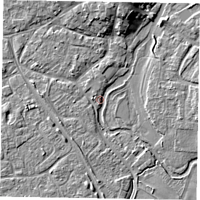Shaded relief map of the ground around MK160DB, computed from Environment Agency LiDAR. The ground here sits at about 55 m above sea level and falls 8 m across the surrounding 800 m. Surface water reaching this point runs off ground lying to the north-north-east, 7.8 m higher.