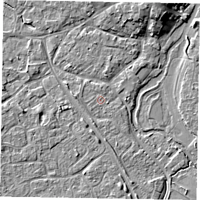 Shaded relief map of the ground around MK160DD, computed from Environment Agency LiDAR. The ground here sits at about 56 m above sea level and falls 8 m across the surrounding 800 m. Surface water reaching this point runs off ground lying to the south-south-west, 1.8 m higher.