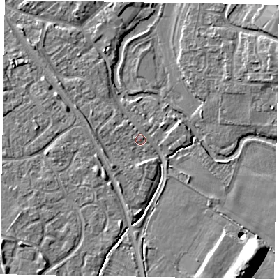 Shaded relief map of the ground around MK160DE, computed from Environment Agency LiDAR. The ground here sits at about 56 m above sea level and falls 9 m across the surrounding 800 m. Surface water reaching this point runs off ground lying to the south-west, 3.1 m higher.