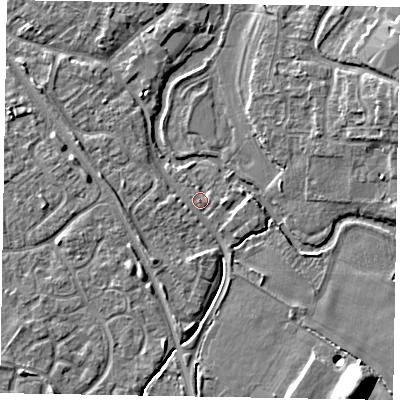Shaded relief map of the ground around MK160DF, computed from Environment Agency LiDAR. The ground here sits at about 56 m above sea level and falls 9 m across the surrounding 800 m. Surface water reaching this point runs off ground lying to the south-west, 3.1 m higher.