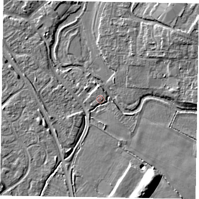Shaded relief map of the ground around MK160DG, computed from Environment Agency LiDAR. The ground here sits at about 56 m above sea level and falls 9 m across the surrounding 800 m. Surface water reaching this point runs off ground lying to the west-south-west, 3.1 m higher.