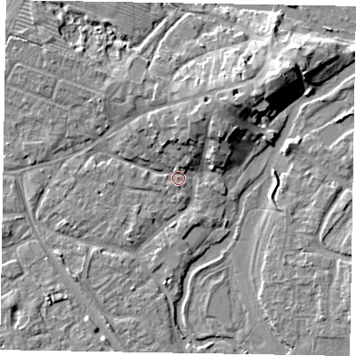 Shaded relief map of the ground around MK160DU, computed from Environment Agency LiDAR. The ground here sits at about 56 m above sea level and falls 10 m across the surrounding 800 m. Surface water reaching this point runs off ground lying to the north-north-east, 6.0 m higher.