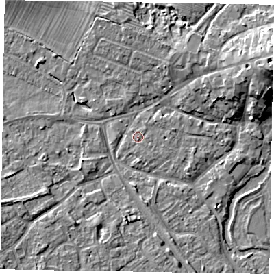Shaded relief map of the ground around MK160DX, computed from Environment Agency LiDAR. The ground here sits at about 56 m above sea level and falls 9 m across the surrounding 800 m. Surface water reaching this point runs off ground lying to the east-north-east, 1.4 m higher.
