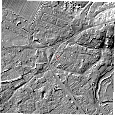 Shaded relief map of the ground around MK160DY, computed from Environment Agency LiDAR. The ground here sits at about 56 m above sea level and falls 9 m across the surrounding 800 m. Surface water reaching this point runs off ground lying to the north-east, 1.4 m higher.