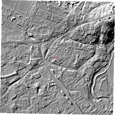 Shaded relief map of the ground around MK160EA, computed from Environment Agency LiDAR. The ground here sits at about 56 m above sea level and falls 9 m across the surrounding 800 m. The ground contributing surface water to this point lies to the north-north-west.