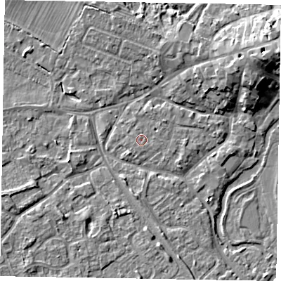 Shaded relief map of the ground around MK160EB, computed from Environment Agency LiDAR. The ground here sits at about 56 m above sea level and falls 10 m across the surrounding 800 m. Surface water reaching this point runs off ground lying to the east, 0.5 m higher.