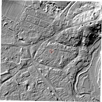 Shaded relief map of the ground around MK160ED, computed from Environment Agency LiDAR. The ground here sits at about 56 m above sea level and falls 10 m across the surrounding 800 m. Surface water reaching this point runs off ground lying to the north, 0.9 m higher.