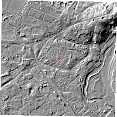 Shaded relief map of the ground around MK160EE, computed from Environment Agency LiDAR. The ground here sits at about 56 m above sea level and falls 10 m across the surrounding 800 m. Surface water reaching this point runs off ground lying to the north-north-east, 1.1 m higher.