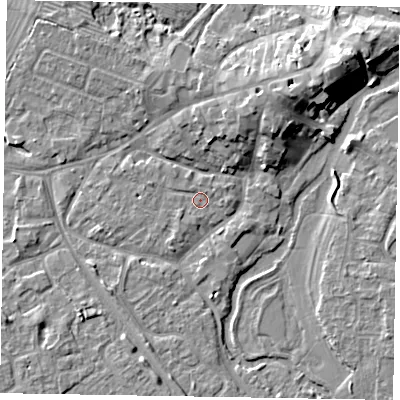 Shaded relief map of the ground around MK160EF, computed from Environment Agency LiDAR. The ground here sits at about 56 m above sea level and falls 10 m across the surrounding 800 m. Surface water reaching this point runs off ground lying to the north-north-west, 1.0 m higher.