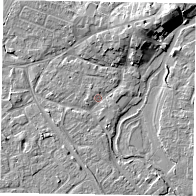 Shaded relief map of the ground around MK160EG, computed from Environment Agency LiDAR. The ground here sits at about 55 m above sea level and falls 10 m across the surrounding 800 m. Surface water reaching this point runs off ground lying to the north-north-east, 8.1 m higher.