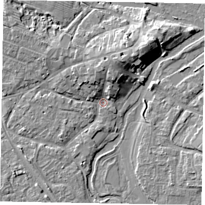 Shaded relief map of the ground around MK160EJ, computed from Environment Agency LiDAR. The ground here sits at about 55 m above sea level and falls 10 m across the surrounding 800 m. Surface water reaching this point runs off ground lying to the north, 6.7 m higher.