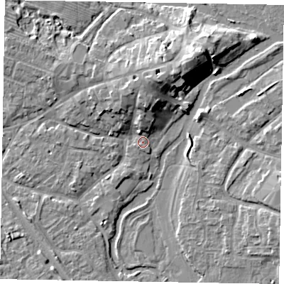 Shaded relief map of the ground around MK160EL, computed from Environment Agency LiDAR. The ground here sits at about 56 m above sea level and falls 10 m across the surrounding 800 m. Surface water reaching this point runs off ground lying to the north, 3.3 m higher.