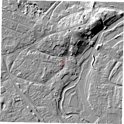 Shaded relief map of the ground around MK160EN, computed from Environment Agency LiDAR. The ground here sits at about 56 m above sea level and falls 10 m across the surrounding 800 m. Surface water reaching this point runs off ground lying to the north-north-east, 6.7 m higher.