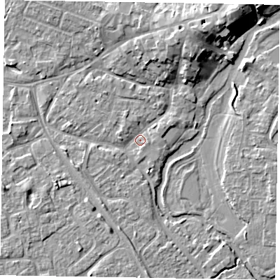 Shaded relief map of the ground around MK160EQ, computed from Environment Agency LiDAR. The ground here sits at about 55 m above sea level and falls 10 m across the surrounding 800 m. Surface water reaching this point runs off ground lying to the north-north-east, 8.1 m higher.