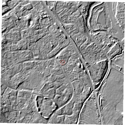 Shaded relief map of the ground around MK160ES, computed from Environment Agency LiDAR. The ground here sits at about 56 m above sea level and falls 7 m across the surrounding 800 m. Surface water reaching this point runs off ground lying to the south-south-west, 3.7 m higher.