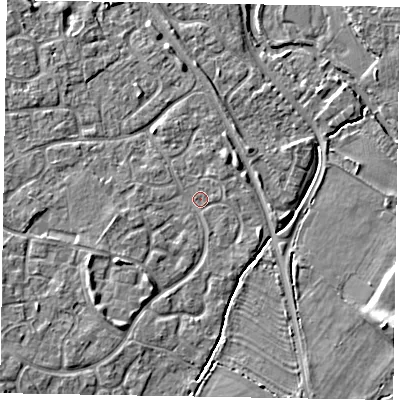 Shaded relief map of the ground around MK160ET, computed from Environment Agency LiDAR. The ground here sits at about 56 m above sea level and falls 7 m across the surrounding 800 m. Surface water reaching this point runs off ground lying to the south-west, 3.4 m higher.