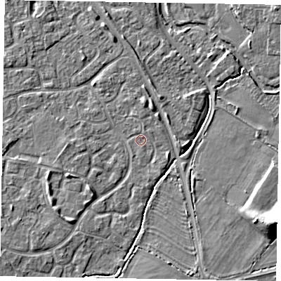 Shaded relief map of the ground around MK160EU, computed from Environment Agency LiDAR. The ground here sits at about 56 m above sea level and falls 8 m across the surrounding 800 m. Surface water reaching this point runs off ground lying to the south-south-west, 0.7 m higher.