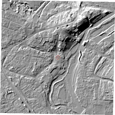 Shaded relief map of the ground around MK160EY, computed from Environment Agency LiDAR. The ground here sits at about 56 m above sea level and falls 10 m across the surrounding 800 m. Surface water reaching this point runs off ground lying to the north, 6.7 m higher.