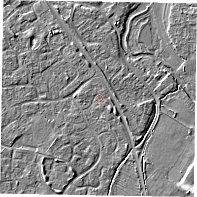 Shaded relief map of the ground around MK160EZ, computed from Environment Agency LiDAR. The ground here sits at about 56 m above sea level and falls 7 m across the surrounding 800 m. Surface water reaching this point runs off ground lying to the south-south-west, 3.6 m higher.