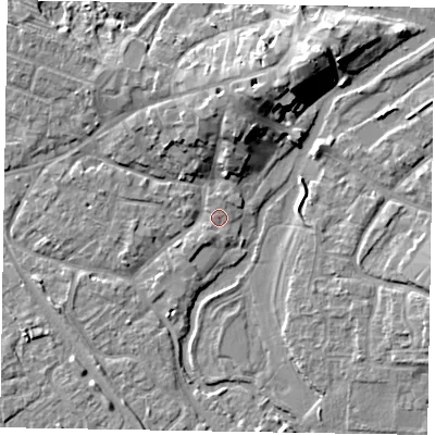 Shaded relief map of the ground around MK160FL, computed from Environment Agency LiDAR. The ground here sits at about 56 m above sea level and falls 10 m across the surrounding 800 m. Surface water reaching this point runs off ground lying to the north, 6.7 m higher.