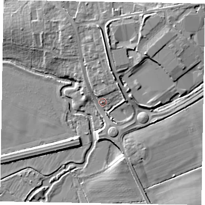 Shaded relief map of the ground around MK160HA, computed from Environment Agency LiDAR. The ground here sits at about 59 m above sea level and falls 11 m across the surrounding 800 m. Surface water reaching this point runs off ground lying to the north, 7.7 m higher.