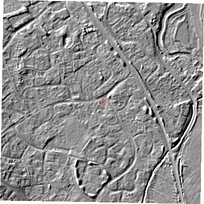 Shaded relief map of the ground around MK160JD, computed from Environment Agency LiDAR. The ground here sits at about 56 m above sea level and falls 9 m across the surrounding 800 m. Surface water reaching this point runs off ground lying to the south-south-west, 3.9 m higher.