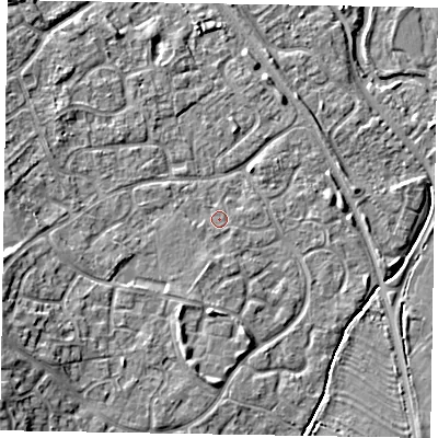 Shaded relief map of the ground around MK160JE, computed from Environment Agency LiDAR. The ground here sits at about 57 m above sea level and falls 10 m across the surrounding 800 m. Surface water reaching this point runs off ground lying to the south-south-west, 1.2 m higher.