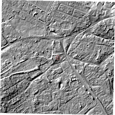 Shaded relief map of the ground around MK160JN, computed from Environment Agency LiDAR. The ground here sits at about 56 m above sea level and falls 9 m across the surrounding 800 m. Surface water reaching this point runs off ground lying to the west-north-west, 1.4 m higher.