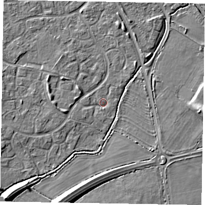 Shaded relief map of the ground around MK160JP, computed from Environment Agency LiDAR. The ground here sits at about 57 m above sea level and falls 12 m across the surrounding 800 m. Surface water reaching this point runs off ground lying to the west-south-west, 1.6 m higher.
