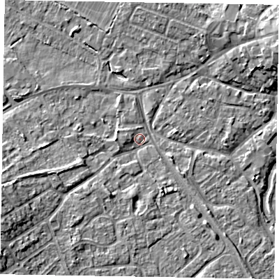 Shaded relief map of the ground around MK160JW, computed from Environment Agency LiDAR. The ground here sits at about 56 m above sea level and falls 9 m across the surrounding 800 m. Surface water reaching this point runs off ground lying to the south-west, 7.4 m higher.