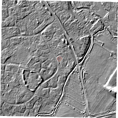 Shaded relief map of the ground around MK160JX, computed from Environment Agency LiDAR. The ground here sits at about 56 m above sea level and falls 8 m across the surrounding 800 m. Surface water reaching this point runs off ground lying to the south-west, 3.2 m higher.