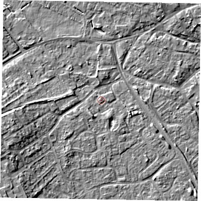 Shaded relief map of the ground around MK160JY, computed from Environment Agency LiDAR. The ground here sits at about 56 m above sea level and falls 10 m across the surrounding 800 m. Surface water reaching this point runs off ground lying to the south-west, 2.9 m higher.