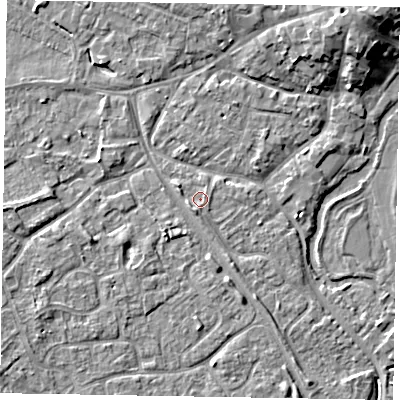 Shaded relief map of the ground around MK160LE, computed from Environment Agency LiDAR. The ground here sits at about 56 m above sea level and falls 9 m across the surrounding 800 m. Surface water reaching this point runs off ground lying to the south-south-west, 1.4 m higher.