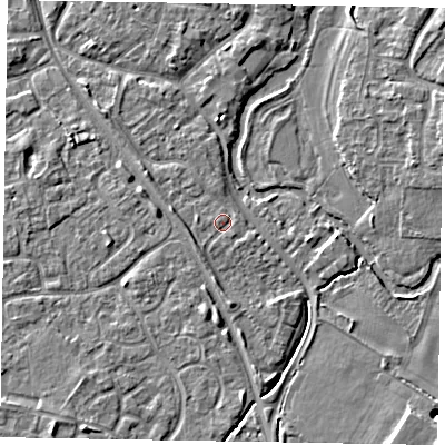 Shaded relief map of the ground around MK160LG, computed from Environment Agency LiDAR. The ground here sits at about 56 m above sea level and falls 6 m across the surrounding 800 m. Surface water reaching this point runs off ground lying to the south-west, 1.0 m higher.