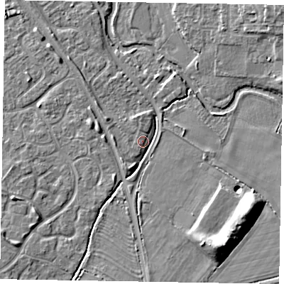 Shaded relief map of the ground around MK160LH, computed from Environment Agency LiDAR. The ground here sits at about 56 m above sea level and falls 9 m across the surrounding 800 m. Surface water reaching this point runs off ground lying to the south-west, 4.1 m higher.